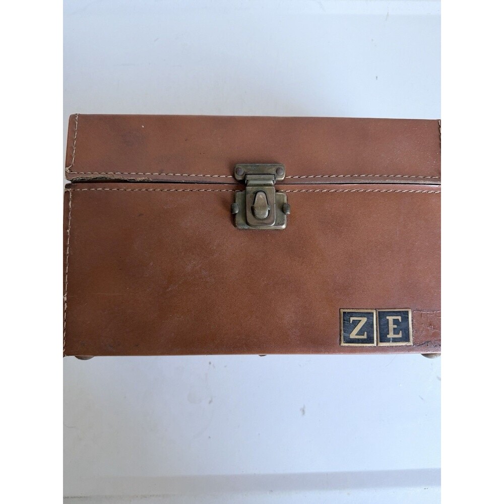 Vintage Brown Leather Storage Box Keepsake Trinket Chest Brass Latch Monogram